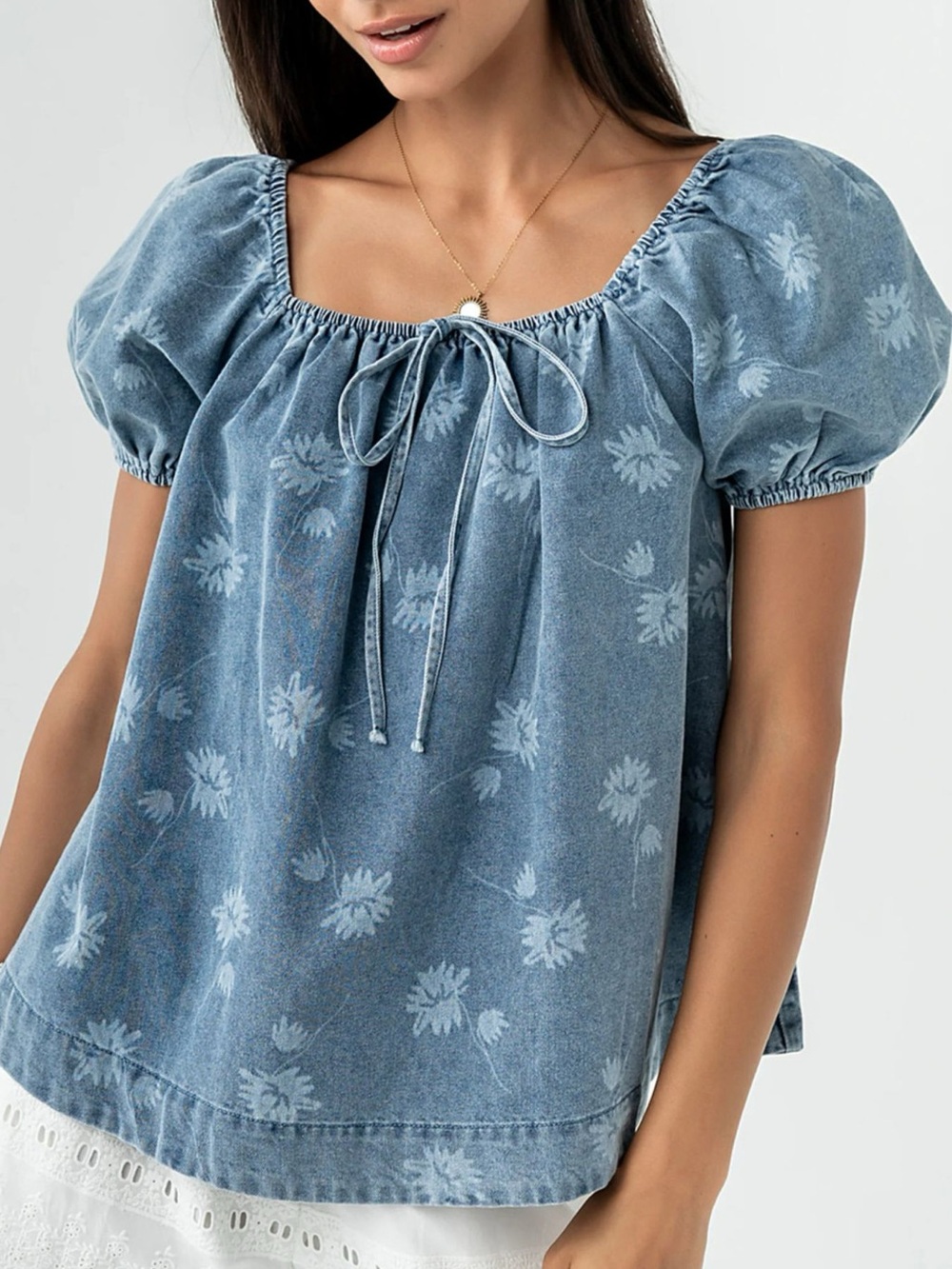 Floral Print Puff Sleeve Denim Top